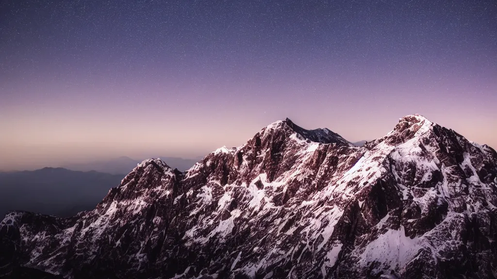 Prompt: a photograph of a distant mountain at nighttime, the peak reaches the stars, dramatic lighting,