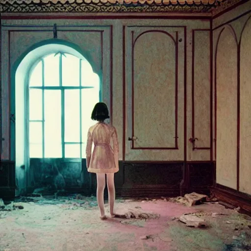 Image similar to a lonely girl in an haunted liminal abandoned room, film still by wes anderson, depicted by balthus, limited color palette, very intricate, art nouveau, highly detailed, lights by hopper, soft pastel colors