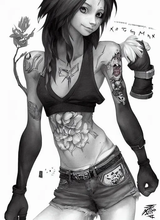 Prompt: character portrait of a female humanoid opossum fursona wearing a tanktop and shorts with arm tattoos. Character design by charlie bowater, ross tran, artgerm, and makoto shinkai, detailed, inked, western comic book art
