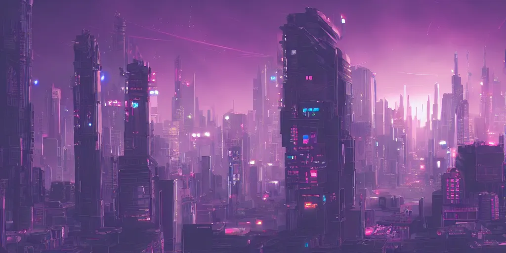Prompt: city in the style of cyberpunk, singular gigantic building focus, space sky, anime illustration, fnaf, fnaf, fnaf, five nights at freddys,