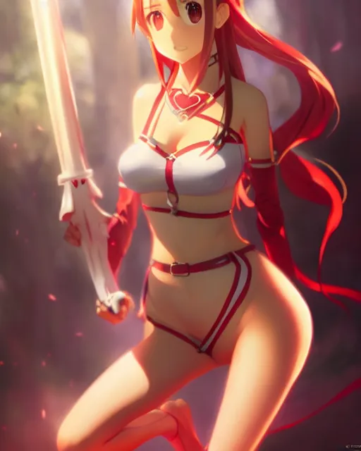 Image similar to photo of asuna from sao, asuna by a - 1 pictures, by greg rutkowski, gil elvgren, rossdraws, enoch bolles, glossy skin, pearlescent, anime, very coherent, maxim magazine, trending