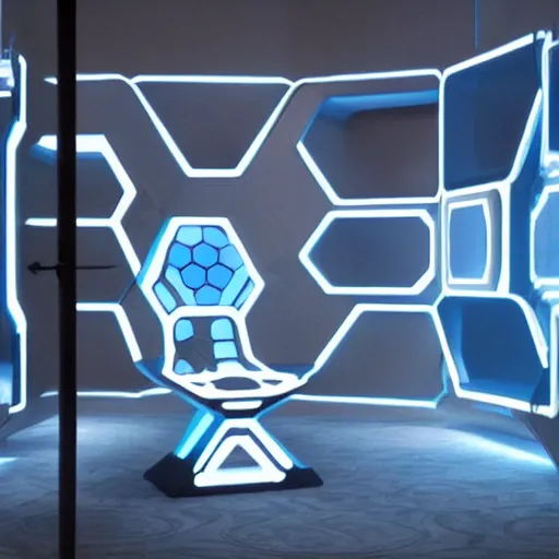 Image similar to a blue hexagonal armchair from the movie tron : legacy