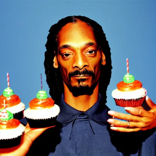 Prompt: Snoop Dogg holding a box of cupcakes for a 1990s sitcom tv show, Studio Photograph, portrait, C 12.0