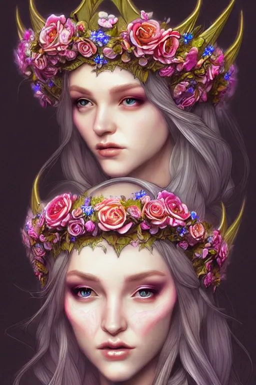 Image similar to digital art, centered elven bride, vivid flower crown ,intricate, veins, by James Jean and by artgerm , ultradetailed, charachter design, concept art, trending on artstation,