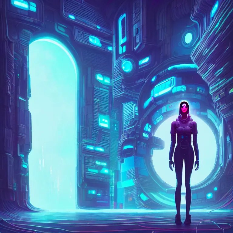 Prompt: a person standing in front of a portal, cyberpunk, epic surrealism, detailed digital matte painting in the style of josan gonzalez, artstation, psychedelic