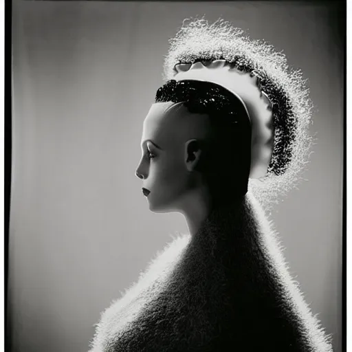 Image similar to symmetrical human portrait of bride of frankenstein as marge simpson, grainy high contrast black and white photography photo print ilford warm tone