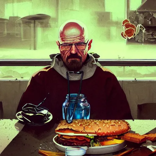 Prompt: painting of walter white eating a hamburger, illustration, artistic, colorful, hyper detailed, in the style of Greg Rutkowski,