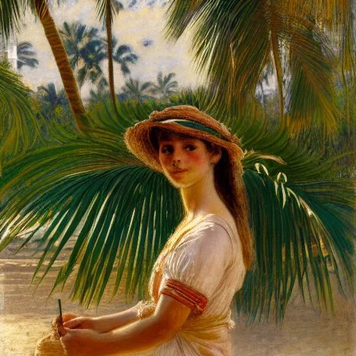 Image similar to a ultradetailed beautiful painting of a girl in the amazonas palace designed by jules bastien - lepage, hans belmer, frank weston and gustave baumann, beach, trending on artstation, mediterranean, palm trees, light sparkles, sharp focus, soft light, 8 k 4 k