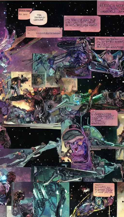 Prompt: 6 panel hard science fiction comic by, john singer sargent, bill sienkiewicz