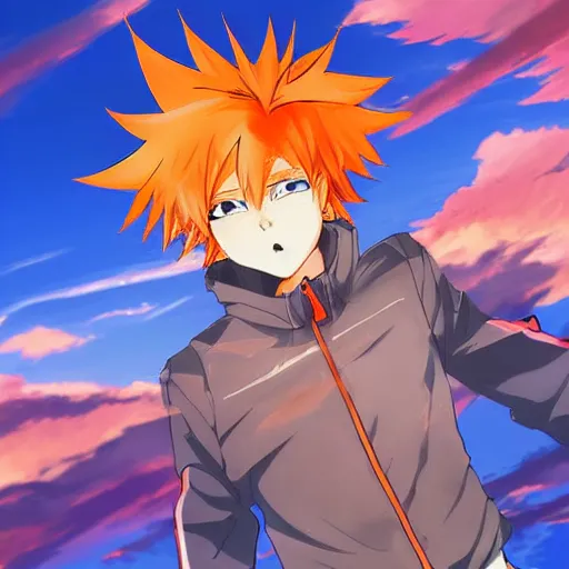 Prompt: orange - haired anime boy, 1 7 - year - old anime boy with wild spiky hair, wearing red jacket, flying through sky, ultra - high jump, late evening, blue hour, cirrus clouds, pearly sky, ultra - realistic, sharp details, subsurface scattering, blue sunshine, intricate details, hd anime, 2 0 1 9 anime