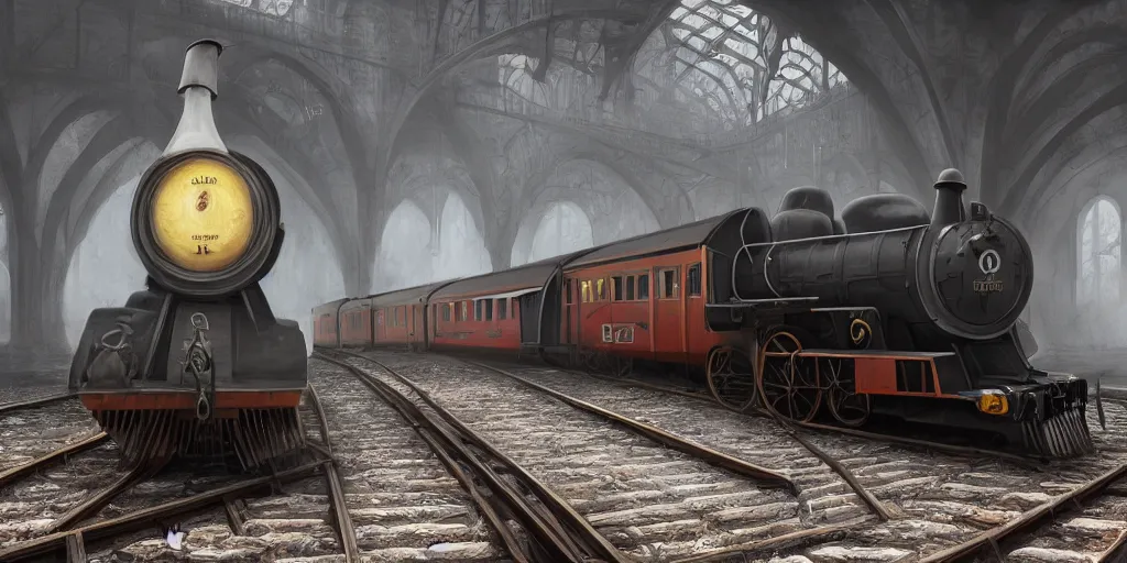 Image similar to mysterious painting of Hogwarts train, A beautiful female conductor, immaculate scale, hyper-realistic, Unreal Engine, Octane Render, digital art, trending on Artstation, 8k, detailed, atmospheric, immaculate