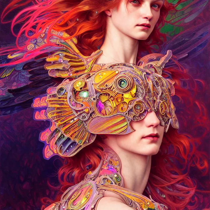 Image similar to bright psychedelic portrait of organic cyborg wings, diffuse lighting, fantasy, intricate, elegant, highly detailed, lifelike, photorealistic, digital painting, artstation, illustration, concept art, smooth, sharp focus, art by John Collier and Albert Aublet and Krenz Cushart and Artem Demura and Alphonse Mucha