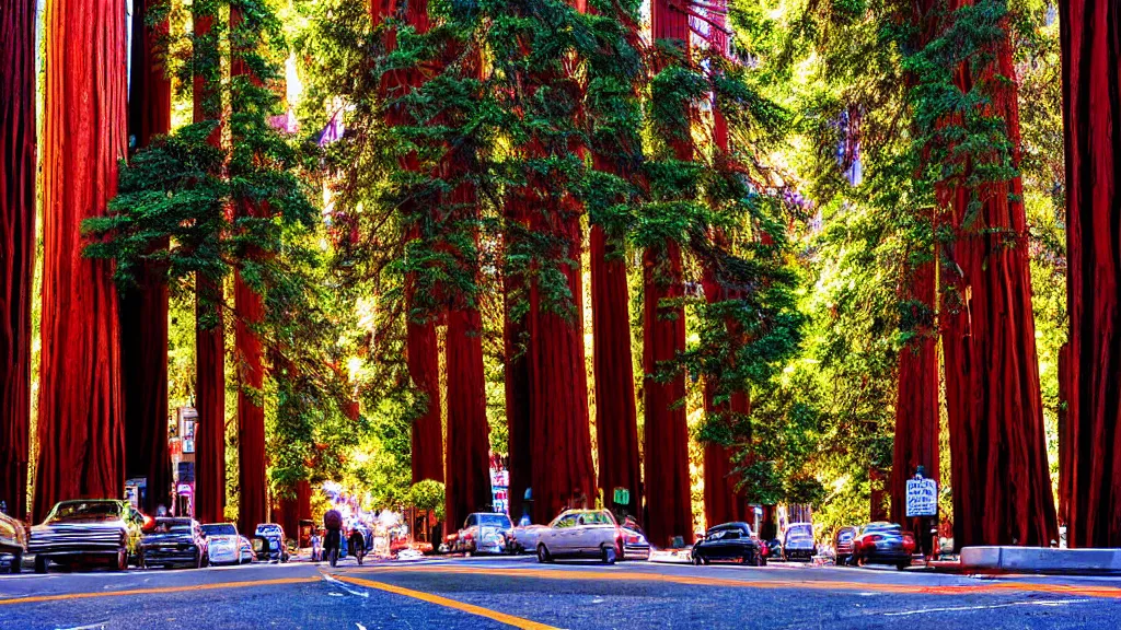 Image similar to Market Street San Francisco lined with Redwood Trees; City in Harmony with Nature; Location: San Francisco, California; retro-natural-futurism; Trees photographed by Neil Burnell