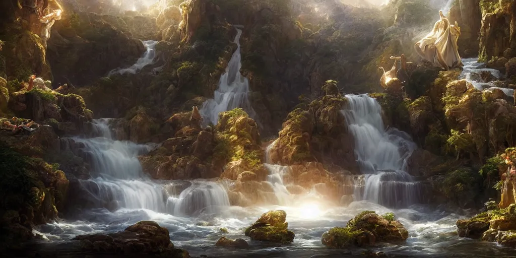 Prompt: creation of the world and heaven with a river of the water of life, clear as crystal, flowing from the throne of god and of the lamb by daniel f. gerhartz and matt stewart and thomas cole, fantasy, photorealistic, octane render, unreal engine, dynamic lighting