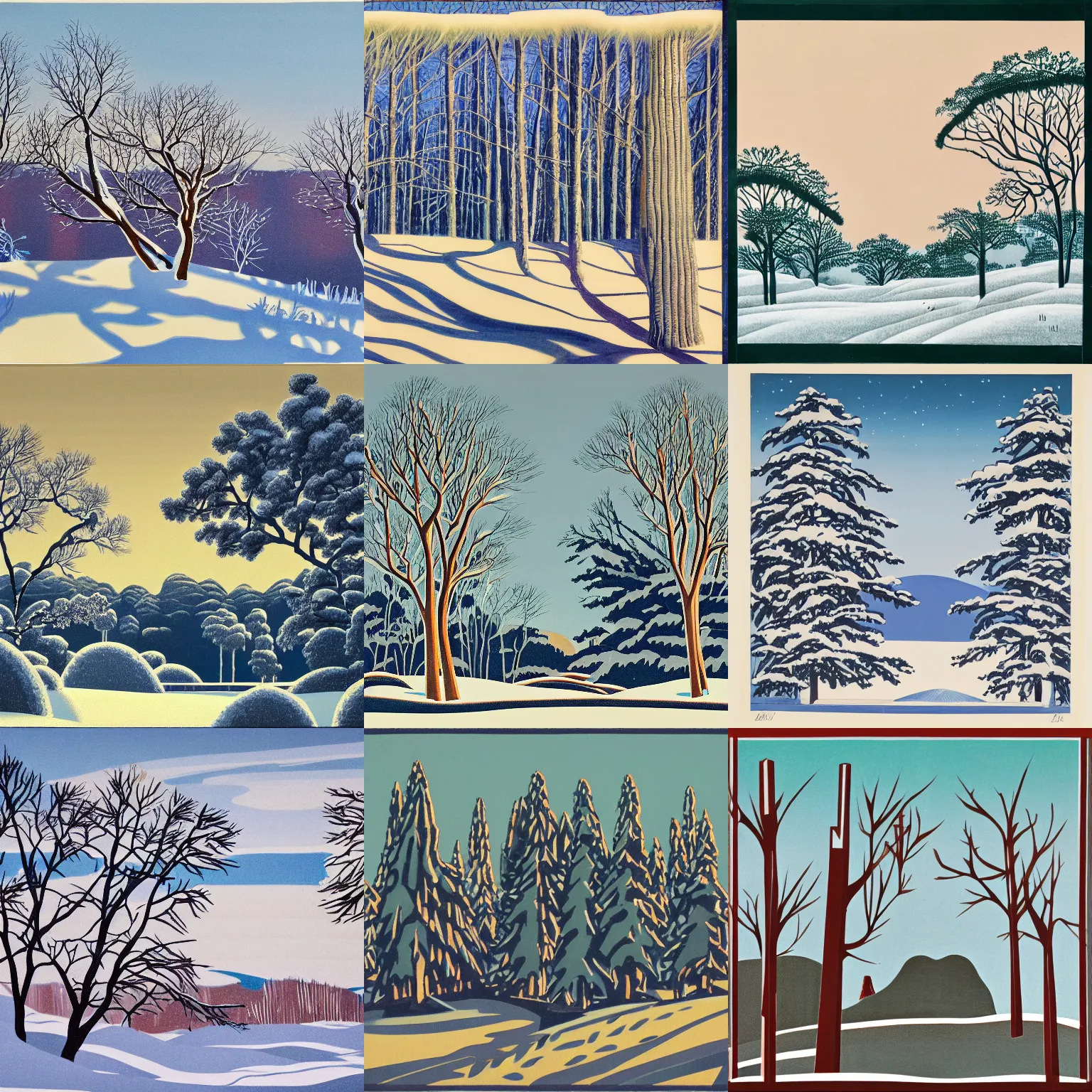 Prompt: a winter landscape with shrubs and trees on a clear day, in art deco style