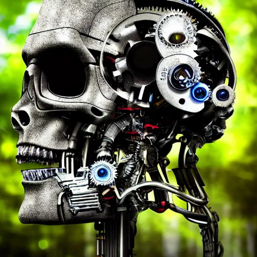 Image similar to super detailed portrait of a terminator's head, packed with cybernetics and and borg enhancements. In a forest with bokeh. Lots of Gears visible. Vegetation id growing out of it