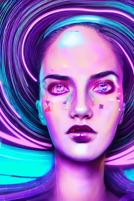 Prompt: a award winning half body portrait of a beautiful woman with stunning eyes in a croptop and cargo pants with ombre purple pink teal hairstyle by thomas danthony, surrounded by whirling illuminated lines, outrun, vaporware, shaded flat illustration, digital art, trending on artstation, highly detailed, fine detail, intricate