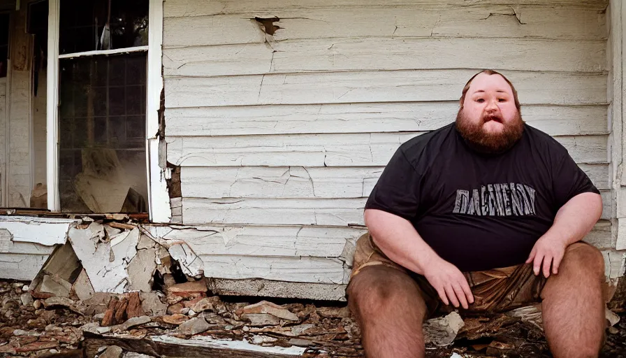 Prompt: close up portrait of fat redneck man sitting on front porch of dilapidated house, award winning, kodak gold 2 0 0,