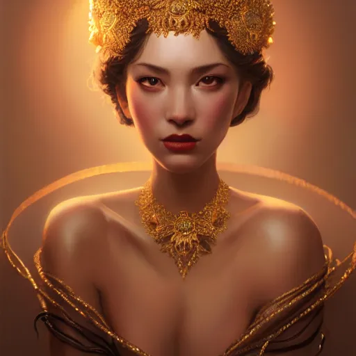 Prompt: expressive oil painting, of alluring european princess, seductive look, smooth glowing skin, glistening body, ornate headpiece made from beads, glamour shot by sue bryce, by yoshitaka amano, by greg rutkowski, by jeremyg lipkinng, by artgerm, digital art, octane render, desaturated, mood lighting