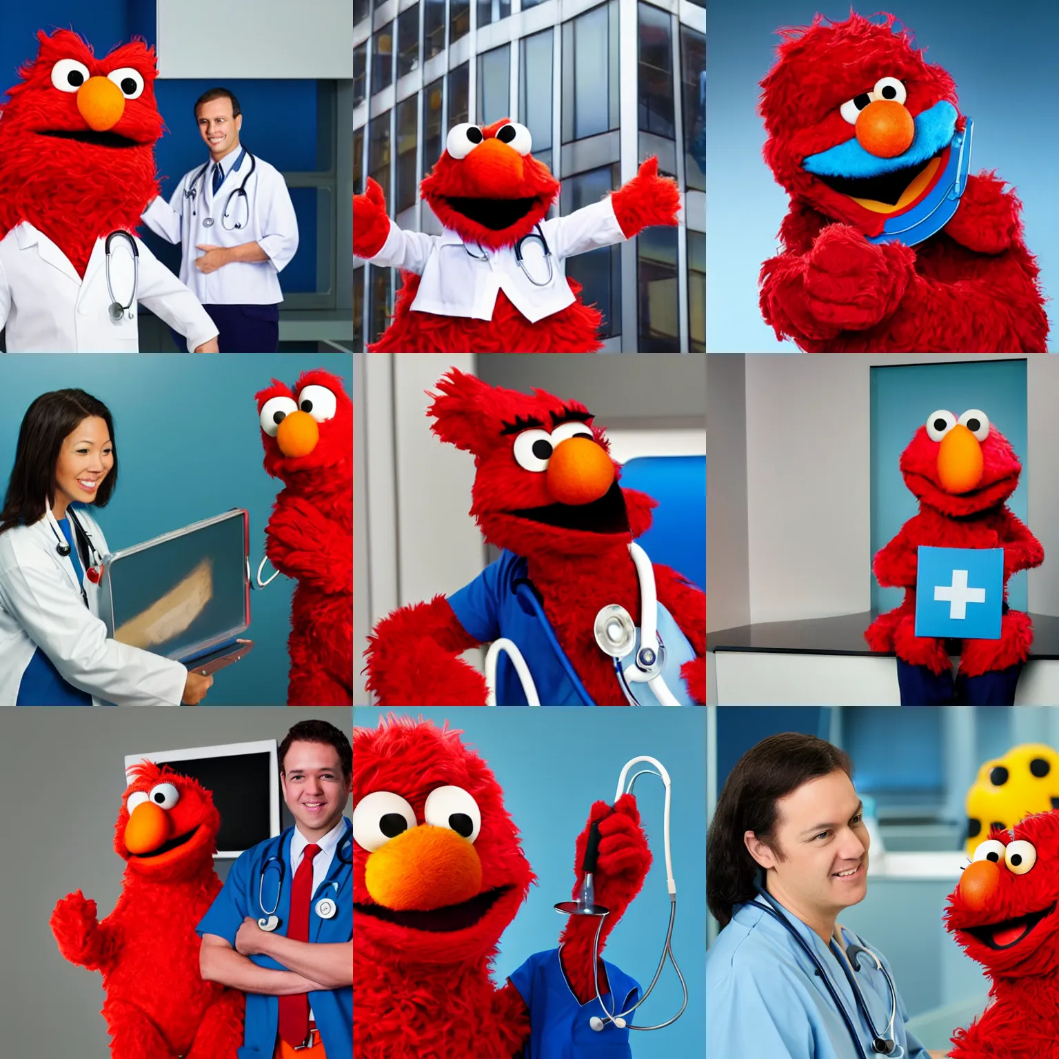 Prompt: elmo as a doctor, hyper realistic corporate photograph 35 years old