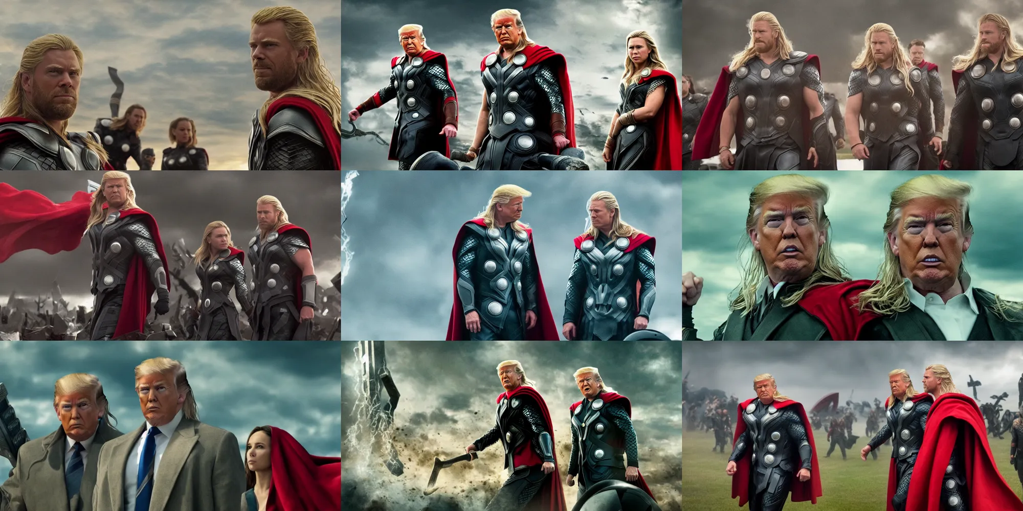 Prompt: trump in the marvel cinematic universe as thor movie still, film grain