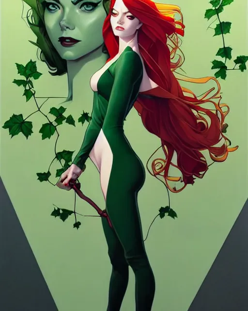 Image similar to joshua middleton, phil noto, artgerm, emma stone poison ivy dc comics, vines, symmetrical eyes, city rooftop