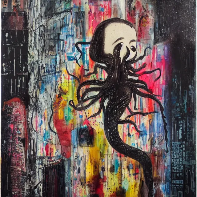 Image similar to a portrait in a dark apartment, cityscape, a female art student holding an octopus, rain made of milk, berries, broken bottles, metaphysical, neo - expressionism, surrealism, acrylic and spray paint and oilstick on canvas