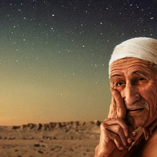 Image similar to film still of 80 year old Mediterranean skinned man in ancient Canaanite looking up at the nighttime sky, Biblical epic directed by Wes Anderson