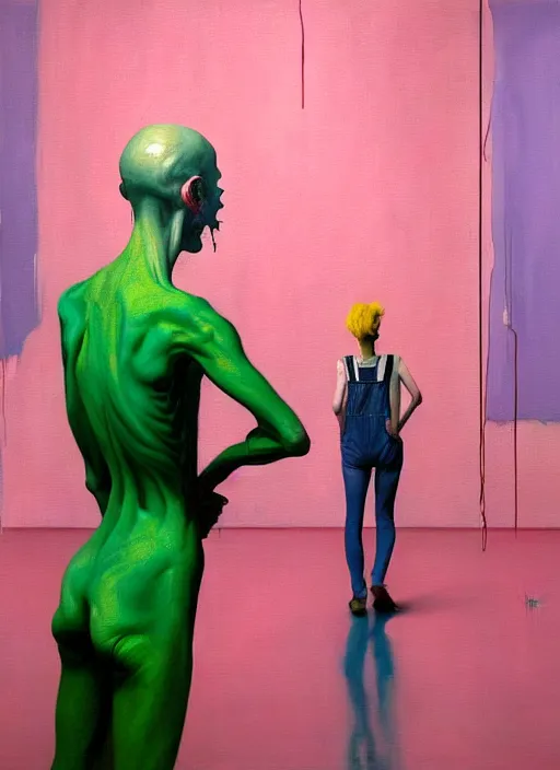 Image similar to an insane, skinny, artist wearing overalls, expressive painting the walls inside a grand messy studio, hauntingly surreal, highly detailed painting by francis bacon, edward hopper, adrian ghenie, gerhard richter, and james jean, soft light 4 k in pink, green and blue colour palette, cinematic composition,