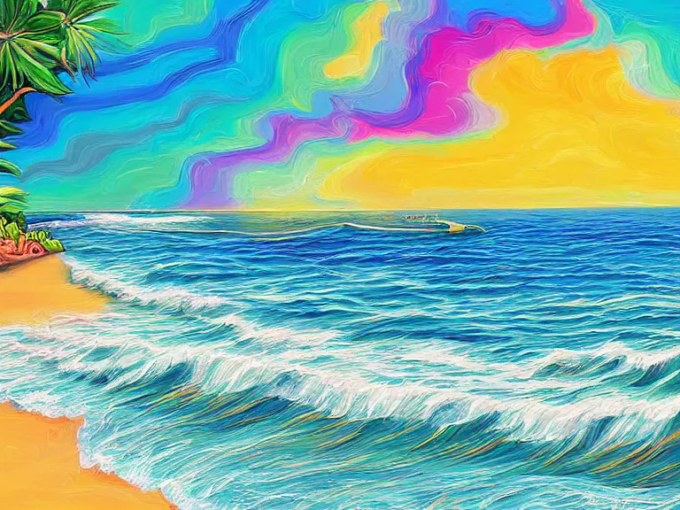 Prompt: digital painting detailed beach and shoreline waves, painted by jeremiah ketner