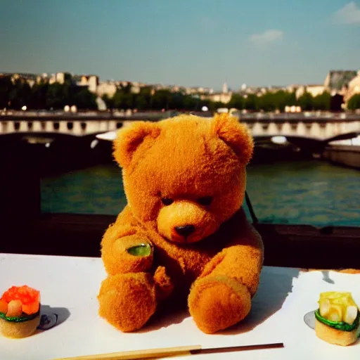 Image similar to a photo of a realistic teddy bear eating sushi in Paris, summer day, beautiful , photorealistic , 8k 35 mm Kodak film