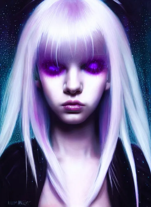 Image similar to hair whitebangs hair, black cyberlox, portrait of teenage girl with white bangs, whitebangsblackhair, messy bangs, cyberlox, whitebangs, red irises, purple clothes, intricate, elegant, glowing lights, highly detailed, digital painting, artstation, concept art, sharp focus, illustration, art by wlop, mars ravelo and greg rutkowski