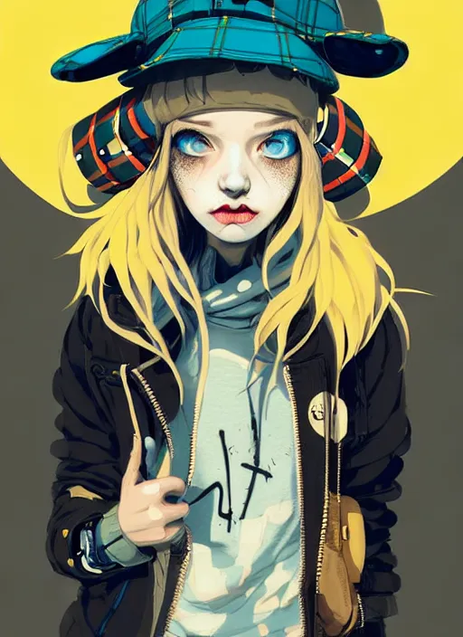 Image similar to highly detailed portrait of a sewer punk lady student, blue eyes, tartan hoody, hat, white hair by atey ghailan, by greg tocchini, by kaethe butcher, gradient yellow, black, brown, peach and cyan color scheme, grunge aesthetic!!! ( ( graffiti tag wall flat colour background ) )