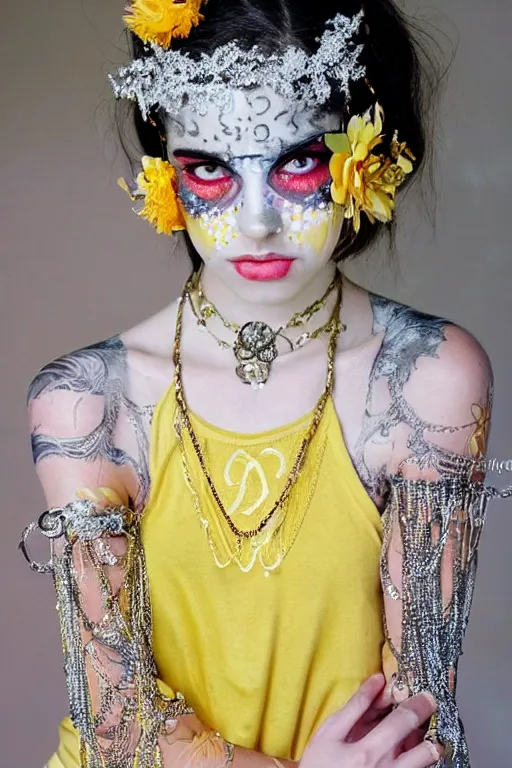 Prompt: light bohemian pinterest teen floral fantasy fashion zine photography, teen magical girl girl styled in a yellow and silver patterned bright dress layers geometric festival face paint and ornate crystal chain jewelry headpiece, elaborate enchanted ritual scene, wide shot