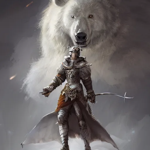 Image similar to a masterpiece digital painting of a white bear in medieval armor, roaring, fantasy, highly detailed, digital painting, trending on artstation, concept art, sharp focus, illustration in the style of wlop, greg rutkowski, artgerm and magali villeneuve