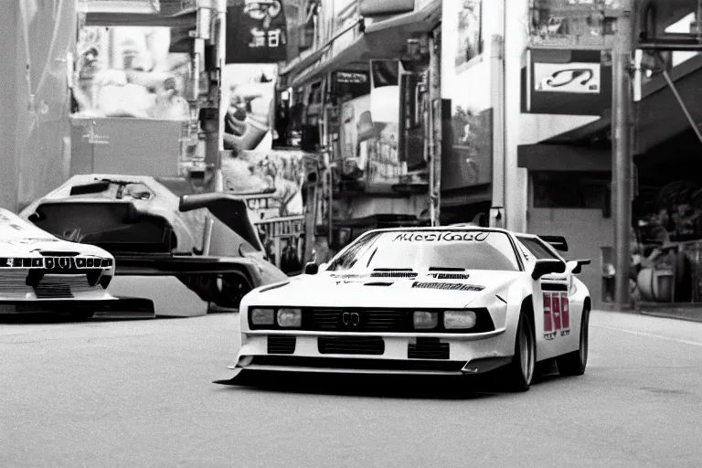 Image similar to single racecar 1 9 7 8 audi quattro, bmw m 1, movie still, vintage footage on tokyo streets, volumetric lighting, f 8 aperture, cinematic eastman 5 3 8 4 film