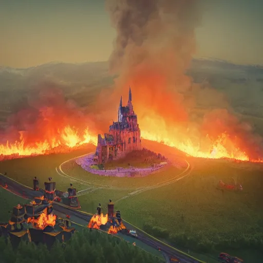 Image similar to a royal grand medieval castle on fire, on top of a hill, birds eye view from a distance, intense smoke, burning down, intense flames, center focus, landscape by simon stalenhag, rendered by beeple, by makoto shinkai, digital art