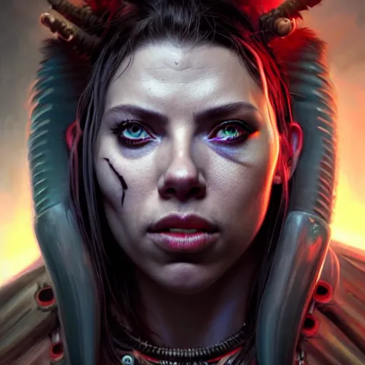 Image similar to portrait painting of a cyberpunk orc shaman extremely muscular ugly scarlett johansson with bad teeth, ultra realistic, concept art, intricate details, eerie, highly detailed, photorealistic, octane render, 8 k, unreal engine. art by artgerm and greg rutkowski and charlie bowater and magali villeneuve and alphonse mucha