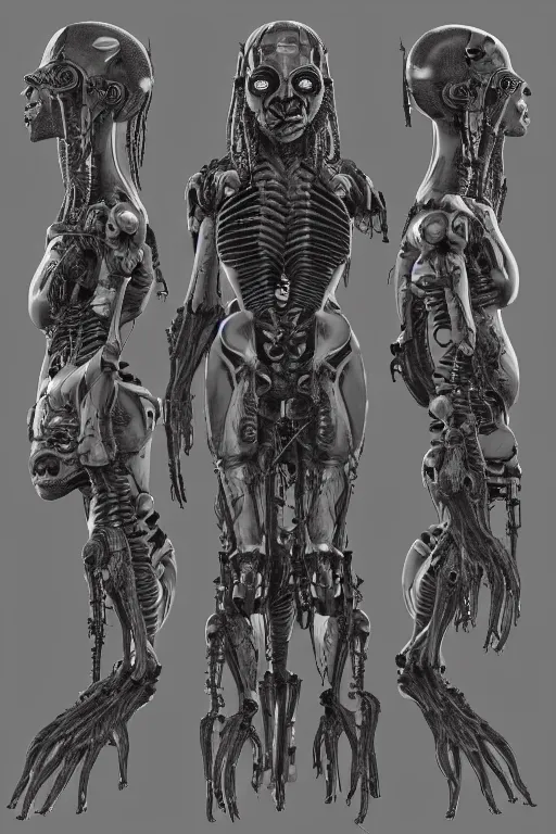 Image similar to cyborg dreadlock mutant with gunmetal grey skin, medical anatomy, very symmetrical face, highly detailed, tentacles mecha implants, three - perspective / three - view reference sheet ( front / back / side ), in the style of dan ouellette, dren from splice, hr giger, sil from species, artstation, unreal engine