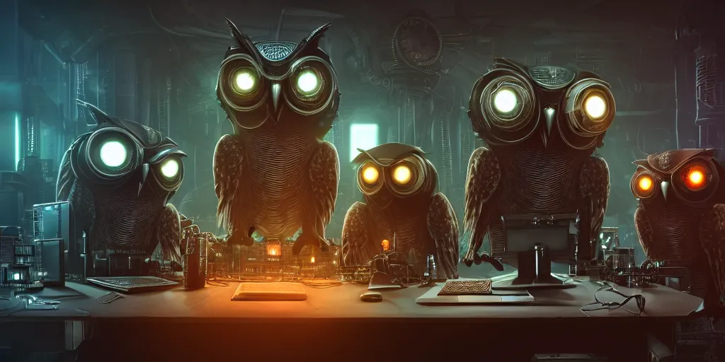 Image similar to an giant evil, malevolent, cyborg owls looking at a computer, surrounded by computer screens. steampunk. this 4 k hd image is trending on artstation, featured on behance, well - rendered, extra crisp, features intricate detail and the style of unreal engine. volumetric lighting octane render