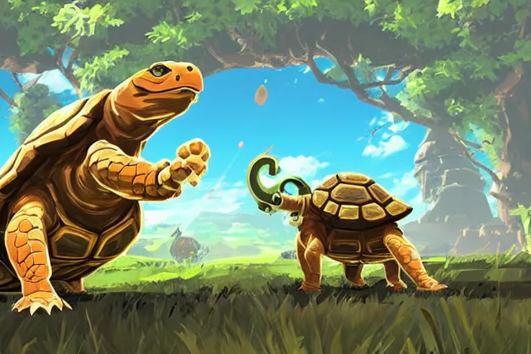 Image similar to in game footage of a tortoise from the legend of zelda breath of the wild, breath of the wild art style.