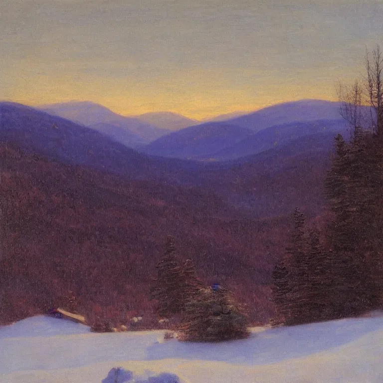 Image similar to new hampshire, mountains, winter, twilight, luminous, abbott handerson thayer, glaze oil painting