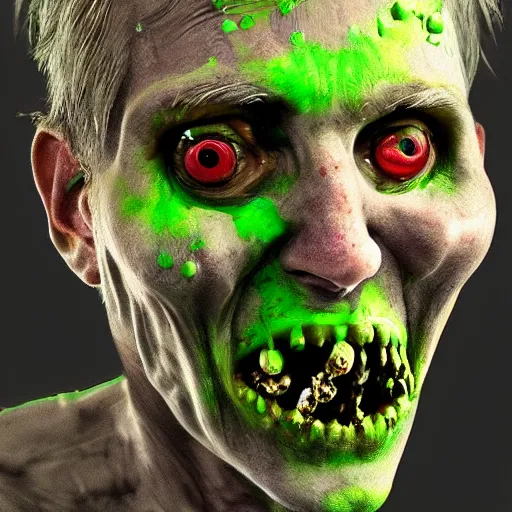 Prompt: Green ooze coming out of zombies eyes and mouth, Portrait, Creepy, hyperrealistic, artstation, concept art