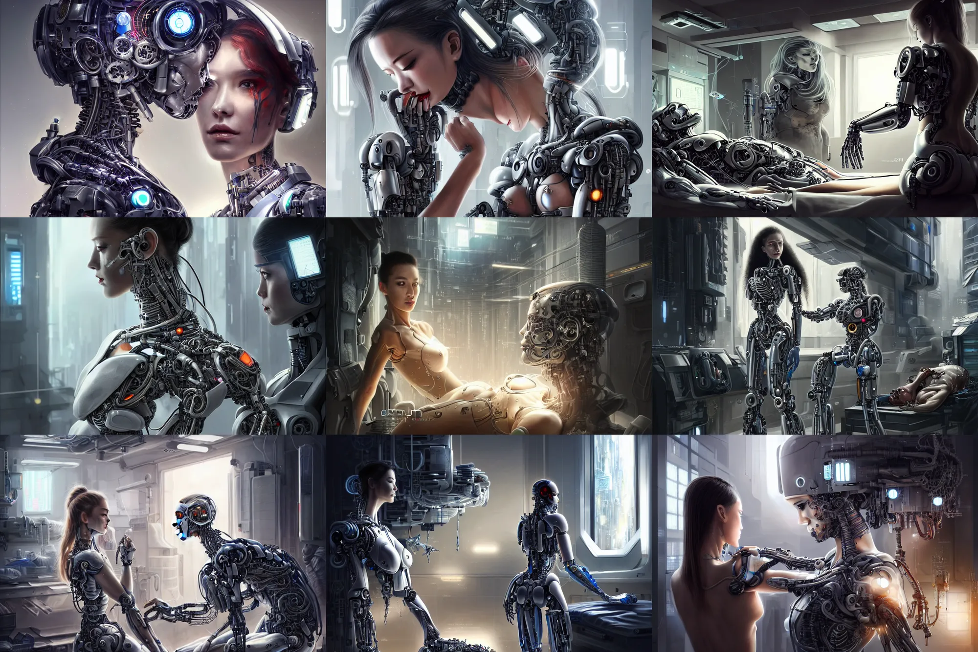 Prompt: Ultra realistic illustration, beautiful alluring damaged cyborg being put back together in an super advanced military medical bay, while a beautiful alluring human scientist looks on, cyberpunk, sci-fi, fantasy, intricate, elegant, highly detailed, digital painting, artstation, concept art, smooth, sharp focus, illustration, art by Yintion J - Jiang Geping and artgerm and greg rutkowski and alphonse mucha