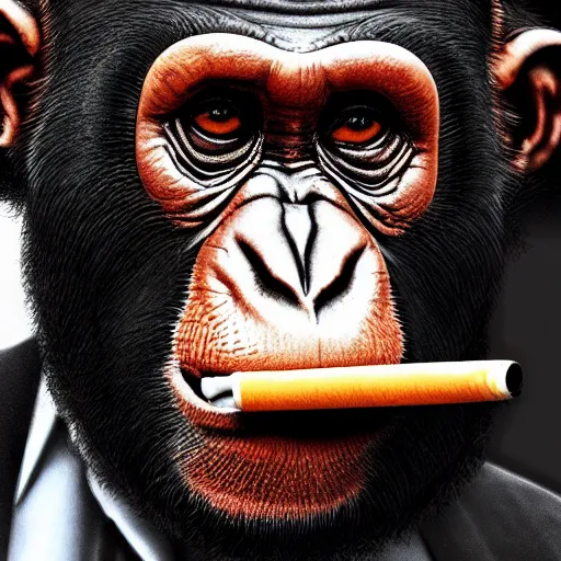 Image similar to a high detail photo of an antropomorphic chimp wearing a suit smoking a cigarrette, subject= chimp, subject detail: wearing a suit, subject action: smoking a cigarrette photorealism