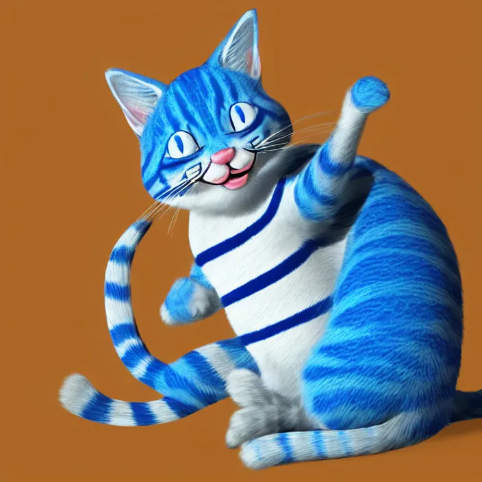 Image similar to cute blue striped cat of cheshire from alice in wonderland. an adorable cat with light blue stripes and a big playful human - like smile. award - winning digital art, trending on artstation