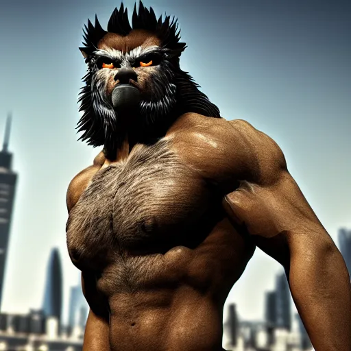 Prompt: muscular werewolf, grey fur, city background, field of depth, bokeh, award-winning photorealistic uhd 8k