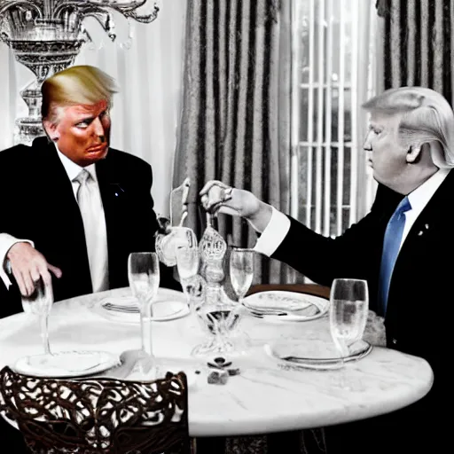 Image similar to Donald Trump and Joe Biden having a romantic dinner date at a fancy fetish restaurant, award winning photography, 85mm, perfect faces
