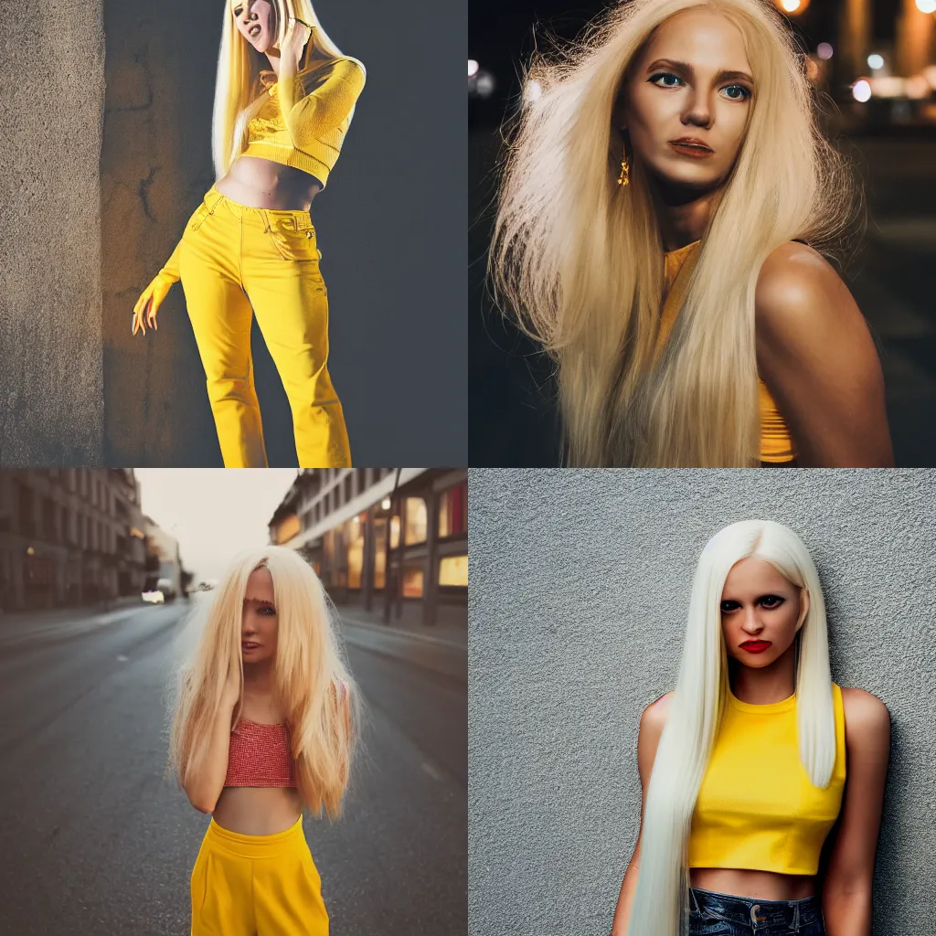 Prompt: photo of a woman with long yellow hair wearing a crop top during the night on a street, dslr, canon, beautiful woman, octane render, portrait