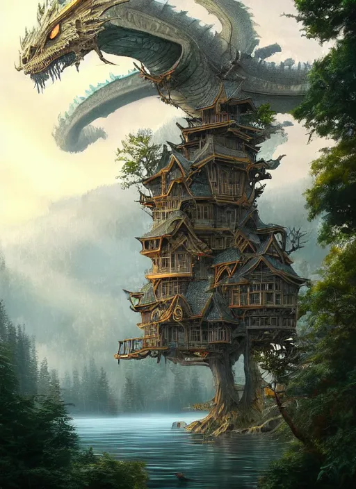 Prompt: A beautiful digital painting of an enormous treehouse with around big white dragon, crystal lake by Stanley Artgerm Lau, Rossdraws, James Jean, gerald brom, Andrei Riabovitchev, Marc Simonetti, and Sakimichan, trending on artstation